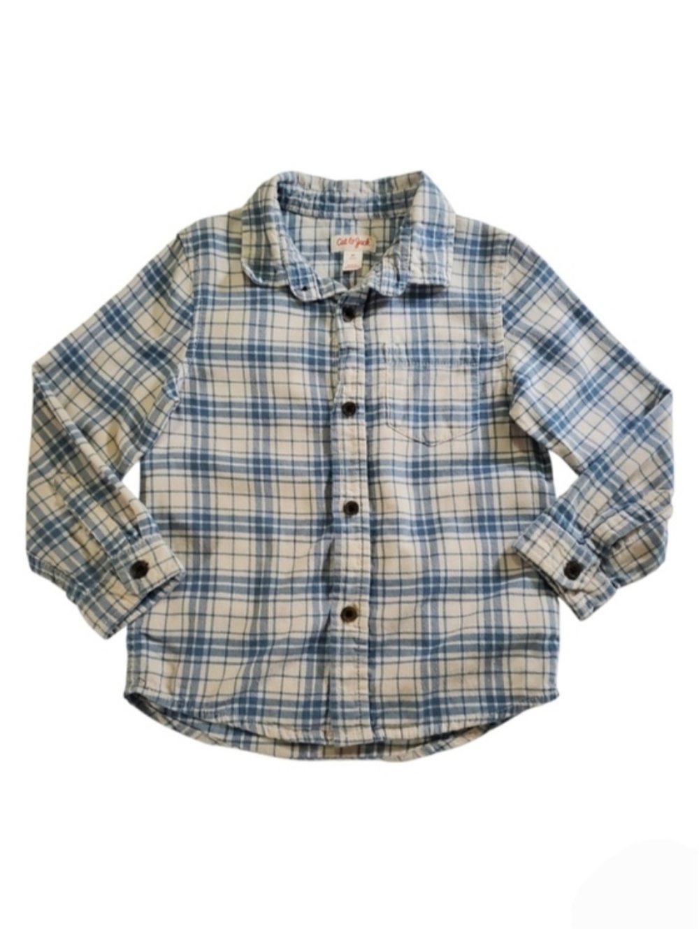 K1416 * Cat & Jack Boys Long Sleeve Plaid Flannel Button Down Blue White Size 5T